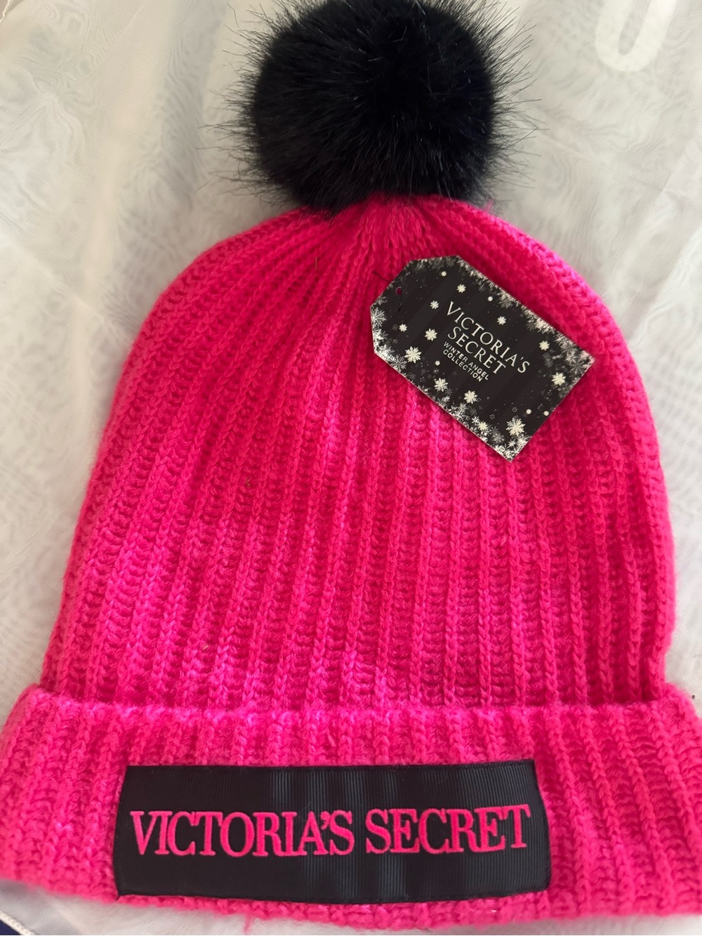 Victoria's Secret Iconic Beanie Hat w/VS front logo brand in Hot Pink Pom - NWT